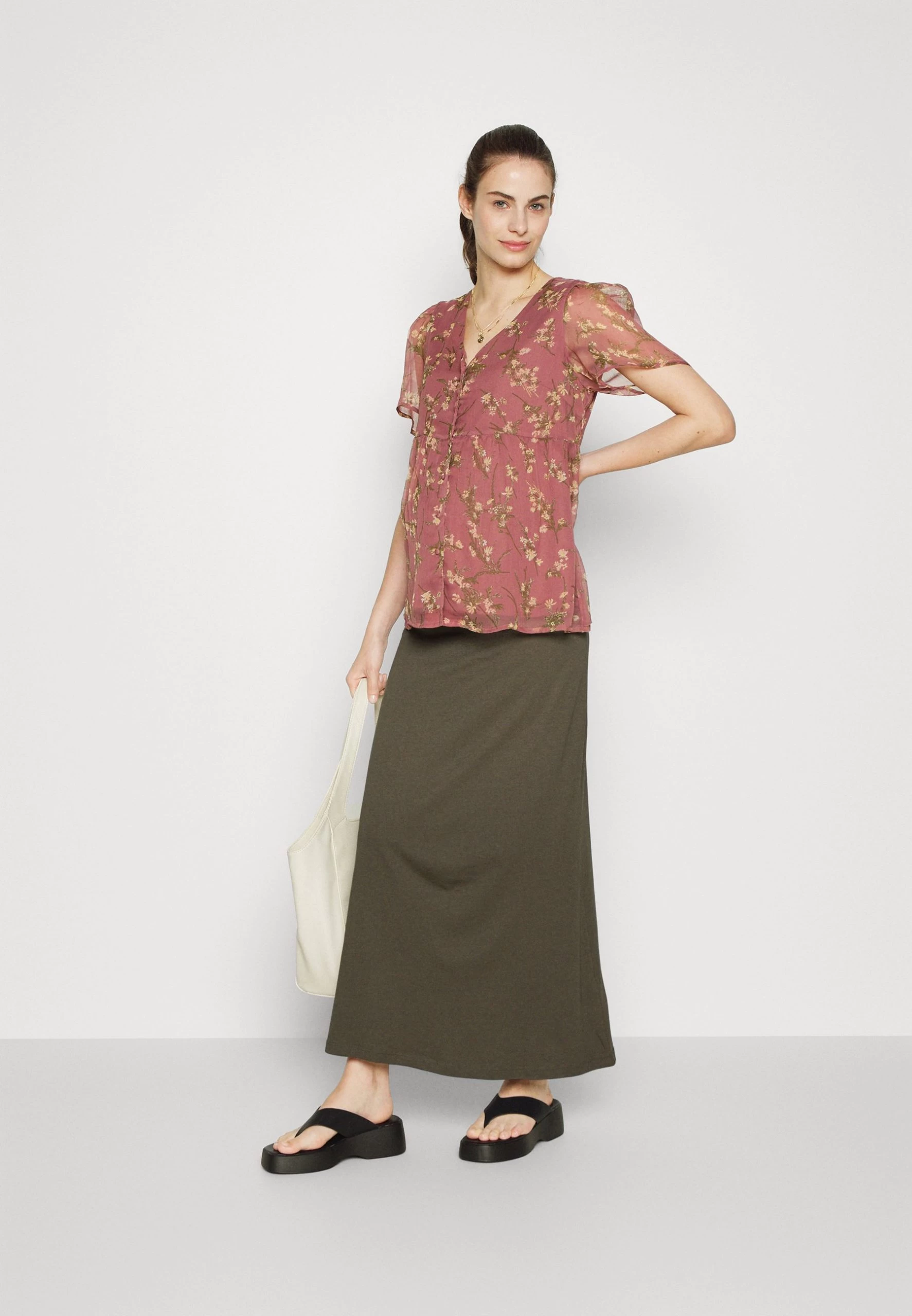 Maternity Maxi Skirt With Drawstring Waistband - Jupe Longue - 606 - Khaki 4 Maternity Maxi Skirt With Drawstring Waistband - Jupe Longue - 606 - Khaki – Image 2